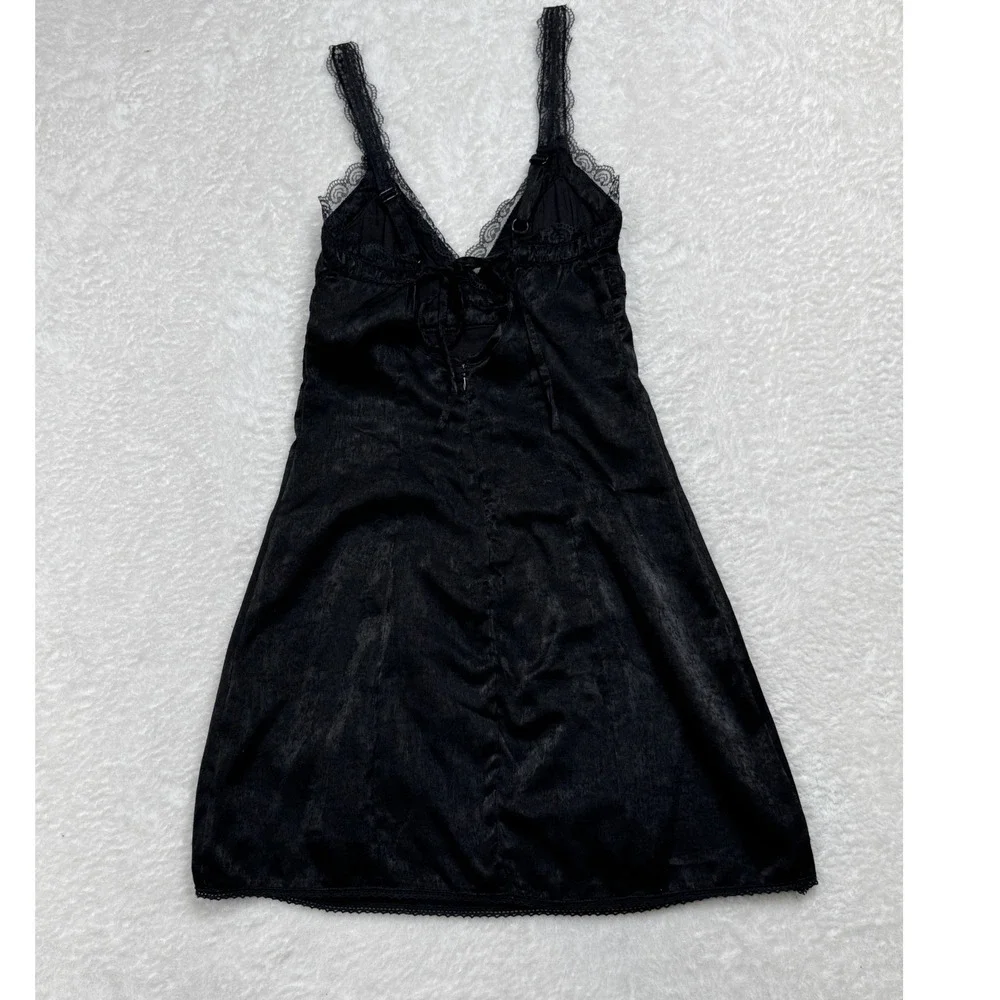 Urban Outfitters Black Satin Lace Trim Slip Dress Mini Lace Up Back‎ XS